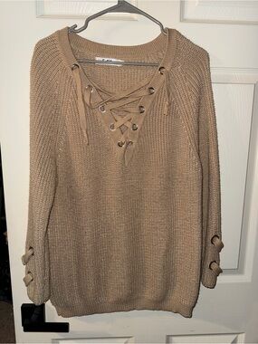 Lace-Up V-Neck Knit Sweater - Beige